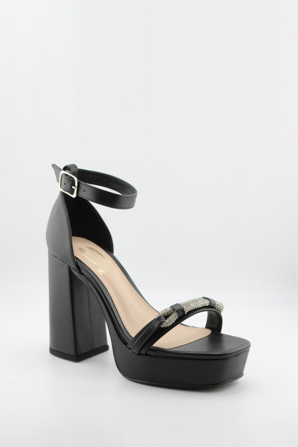 Invoice Platform Block Heel Sandals with Rhinestones